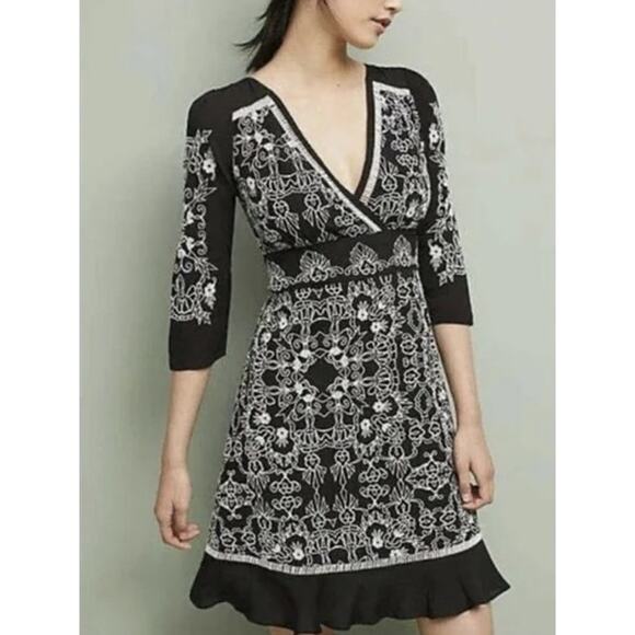 Vanessa Virginia by Anthropologie V Neck Embroidered Coquette Dress Black 2 NWT - Picture 1 of 14